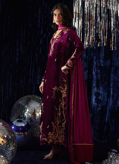 3 Piece Stitched Velvet Suit - Ready To Wear