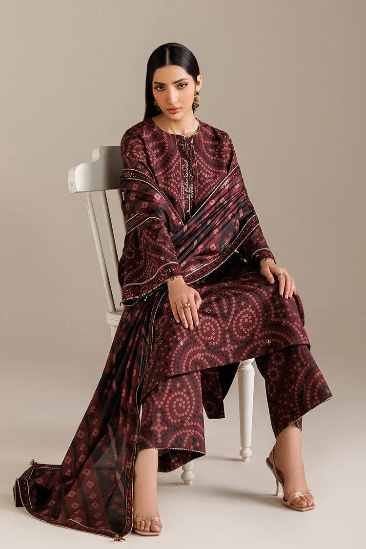Burgundy Chunri - 3Pc Lawn Suit With Chiffon Dupatta | Ready To Wear