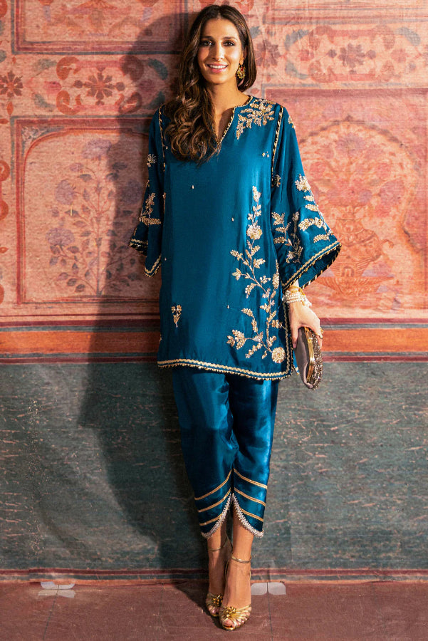 The Teal Lagoon: Silk Embroidered Long Kaftan Kurta | Ready To Wear