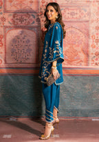 The Teal Lagoon: Silk Embroidered Long Kaftan Kurta | Ready To Wear