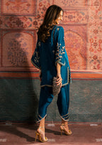 The Teal Lagoon: Silk Embroidered Long Kaftan Kurta | Ready To Wear