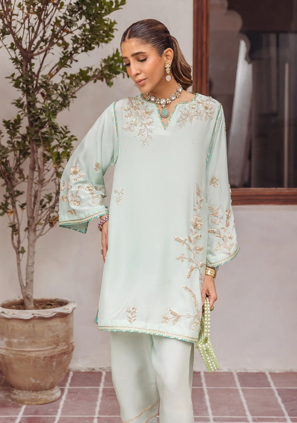 The Teal Lagoon: Silk Embroidered Long Kaftan Kurta | Ready To Wear